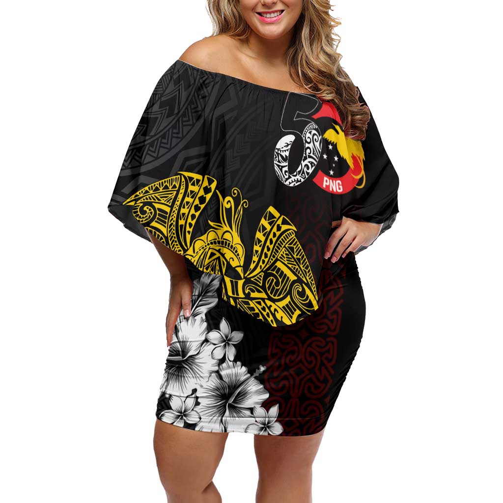 Personalized Papua New Guinea 50th Independence Anniversary Off Shoulder Short Dress Oro Tapa Mix Plumeria LT7 Women Black - Polynesian Pride