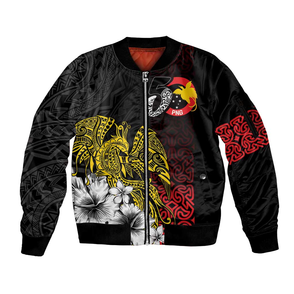 Personalized Papua New Guinea 50th Independence Anniversary Sleeve Zip Bomber Jacket Oro Tapa Mix Plumeria LT7 Unisex Black - Polynesian Pride