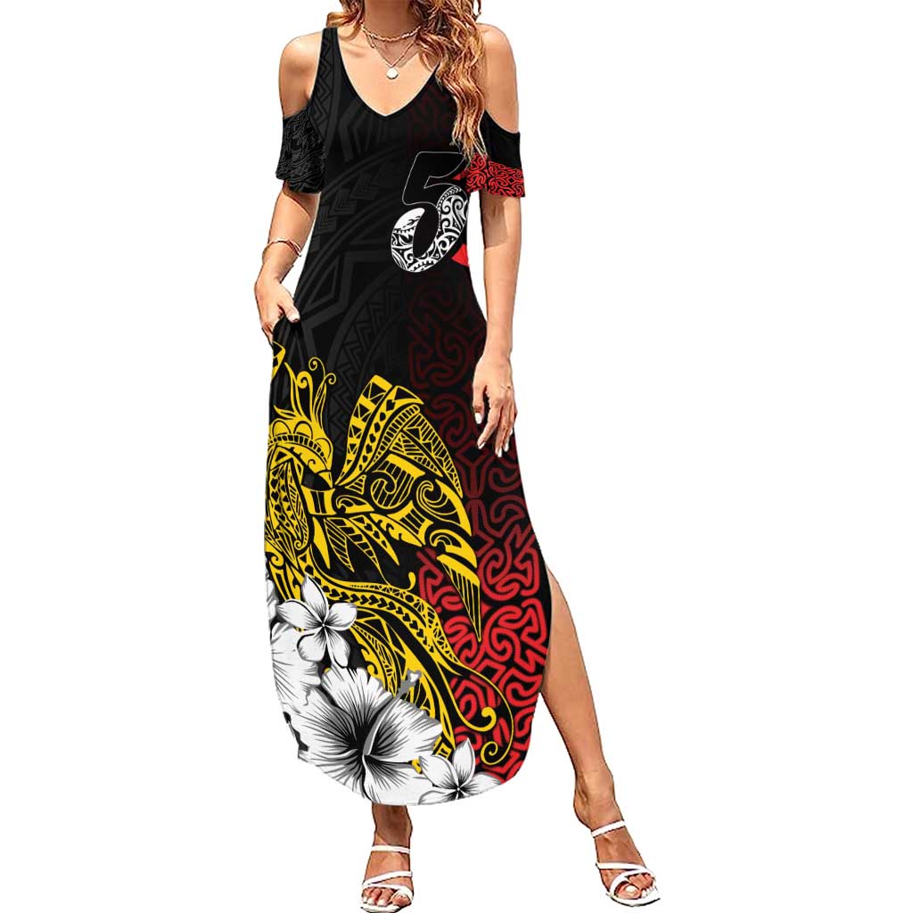 Personalized Papua New Guinea 50th Independence Anniversary Summer Maxi Dress Oro Tapa Mix Plumeria LT7 Women Black - Polynesian Pride