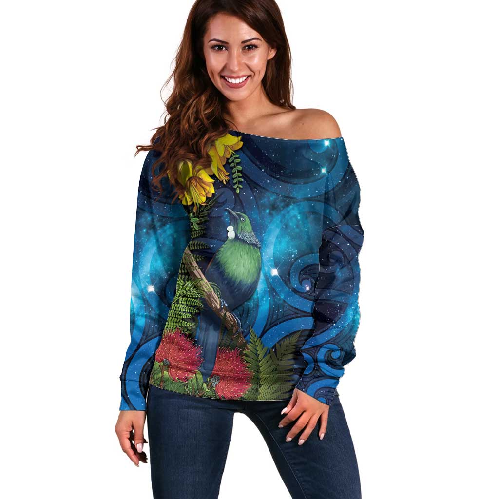 Tui Bird New Zealand Starry Sky Off Shoulder Sweater Maori Koru LT7 Women Galaxy - Polynesian Pride