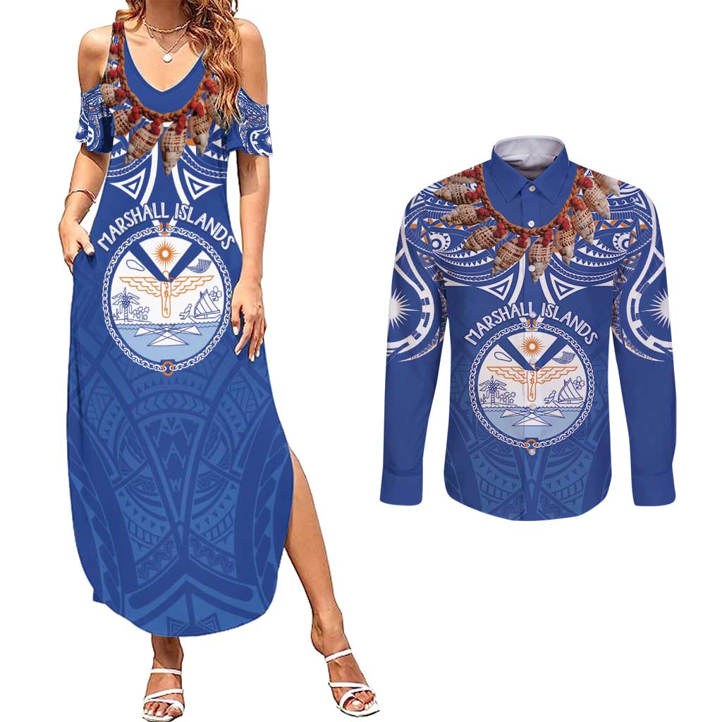 Yokwe Marshall Islands Personalized Couples Matching Summer Maxi Dress and Long Sleeve Button Shirt Jemenei Day - Seashell Necklace LT7 Blue - Polynesian Pride