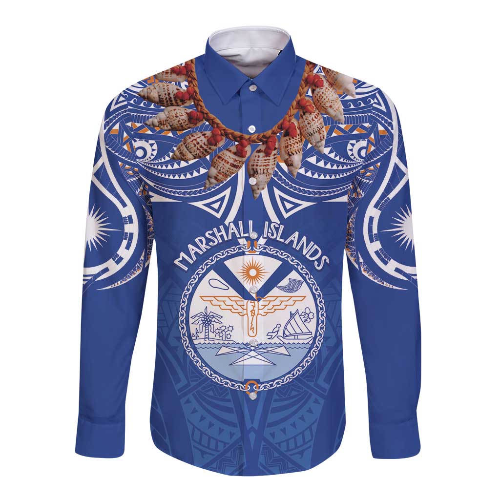 Yokwe Marshall Islands Personalized Long Sleeve Button Shirt Jemenei Day - Seashell Necklace LT7 Unisex Blue - Polynesian Pride