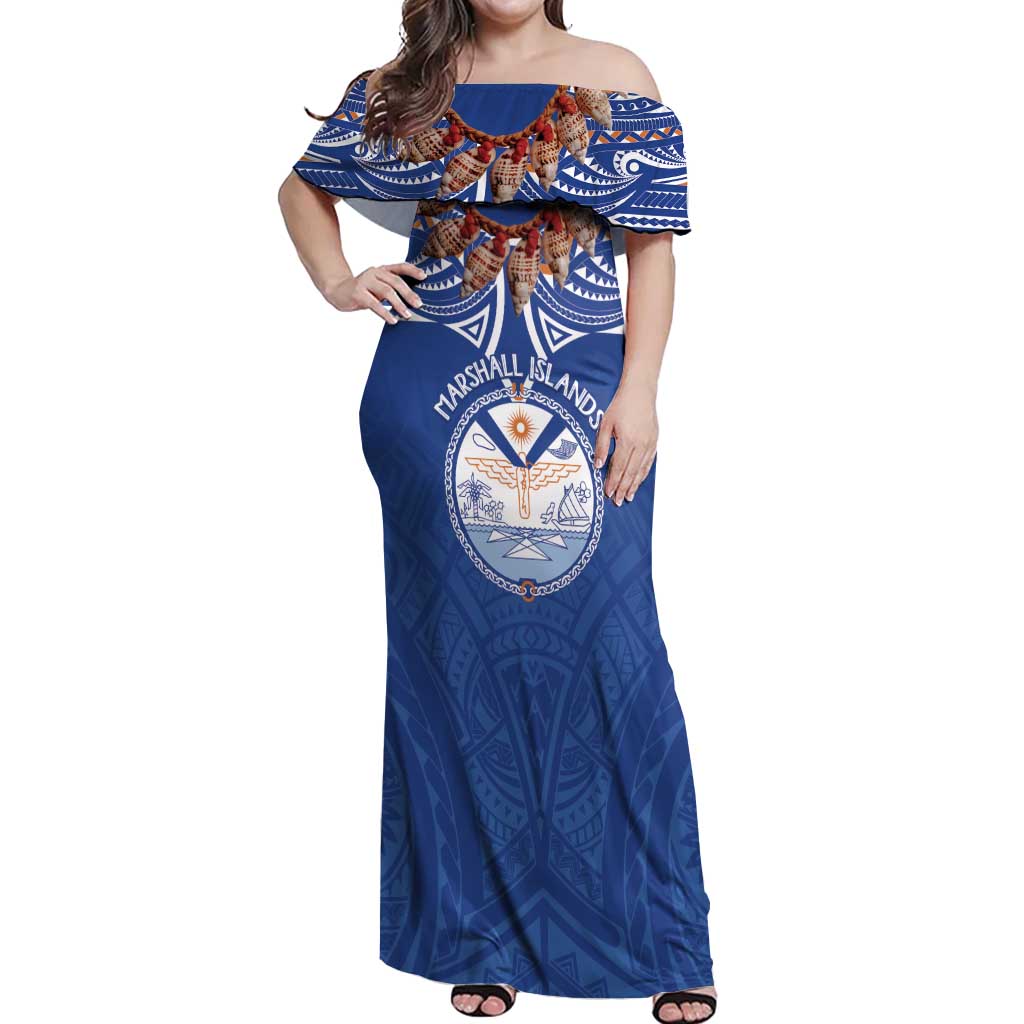 Yokwe Marshall Islands Personalized Off Shoulder Maxi Dress Jemenei Day - Seashell Necklace LT7 Women Blue - Polynesian Pride