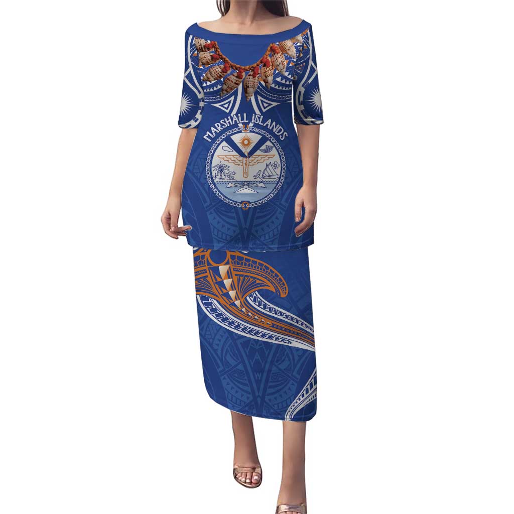 Yokwe Marshall Islands Personalized Puletasi Jemenei Day - Seashell Necklace LT7 Long Dress Blue - Polynesian Pride
