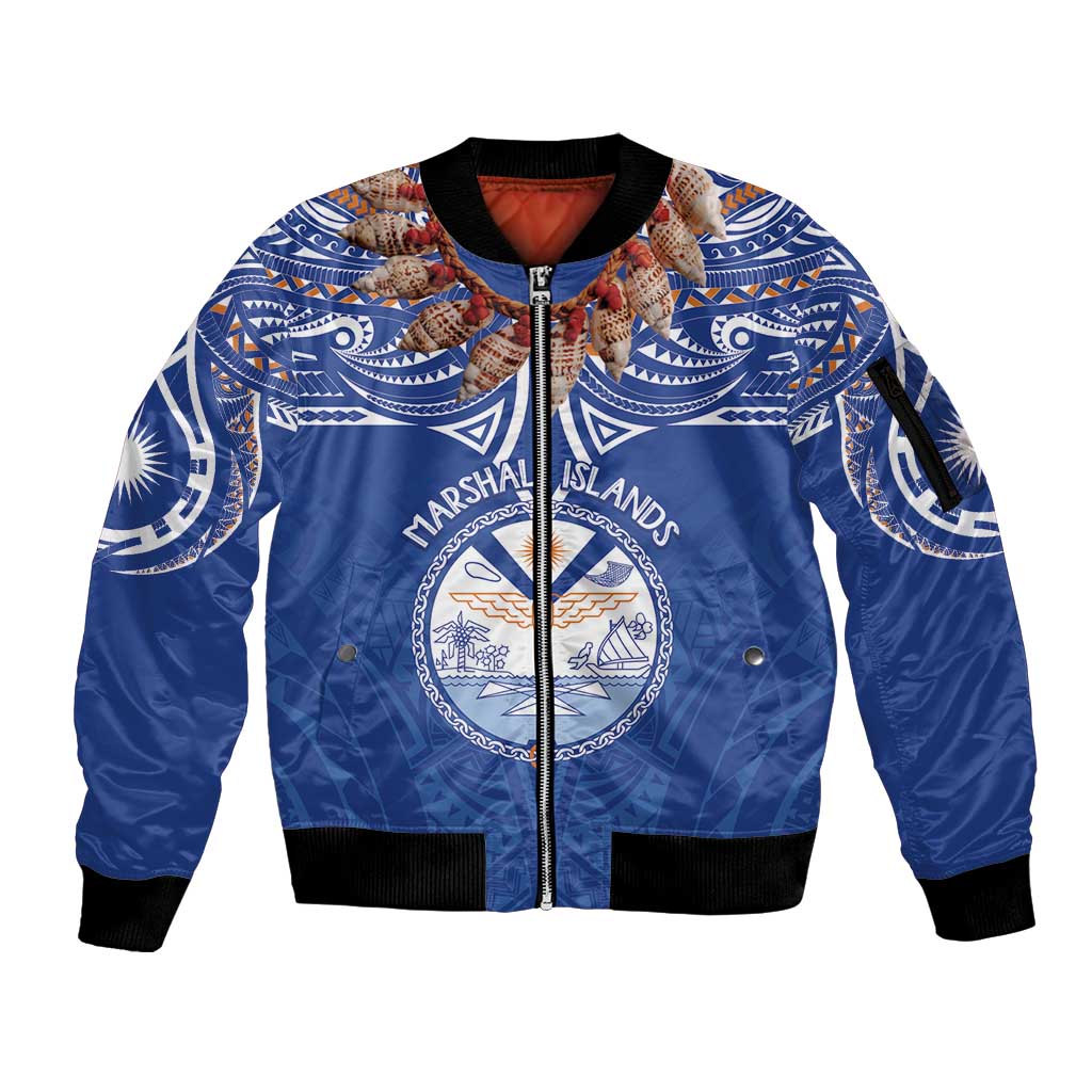Yokwe Marshall Islands Personalized Sleeve Zip Bomber Jacket Jemenei Day - Seashell Necklace LT7 Unisex Blue - Polynesian Pride