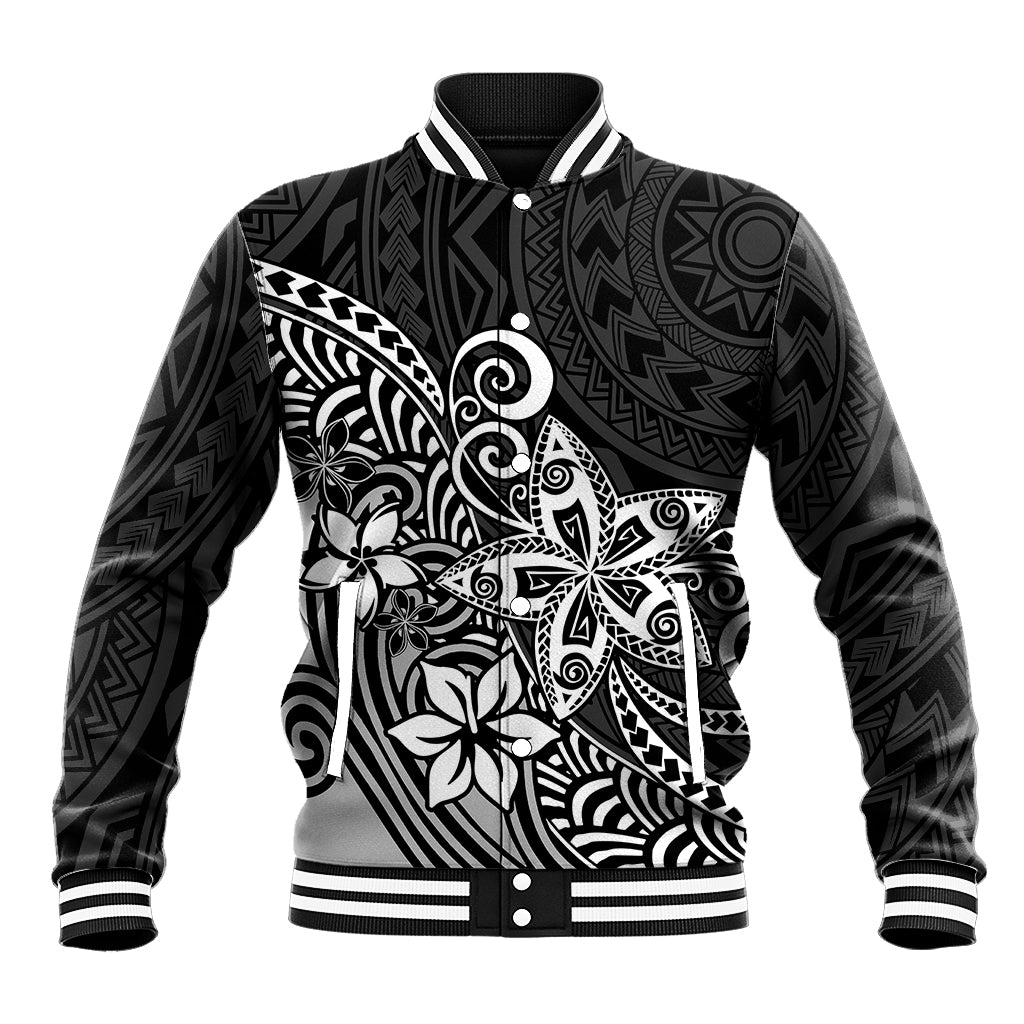 Polynesia Baseball Jacket Plumeria Black Curves LT7 Unisex Black - Polynesian Pride