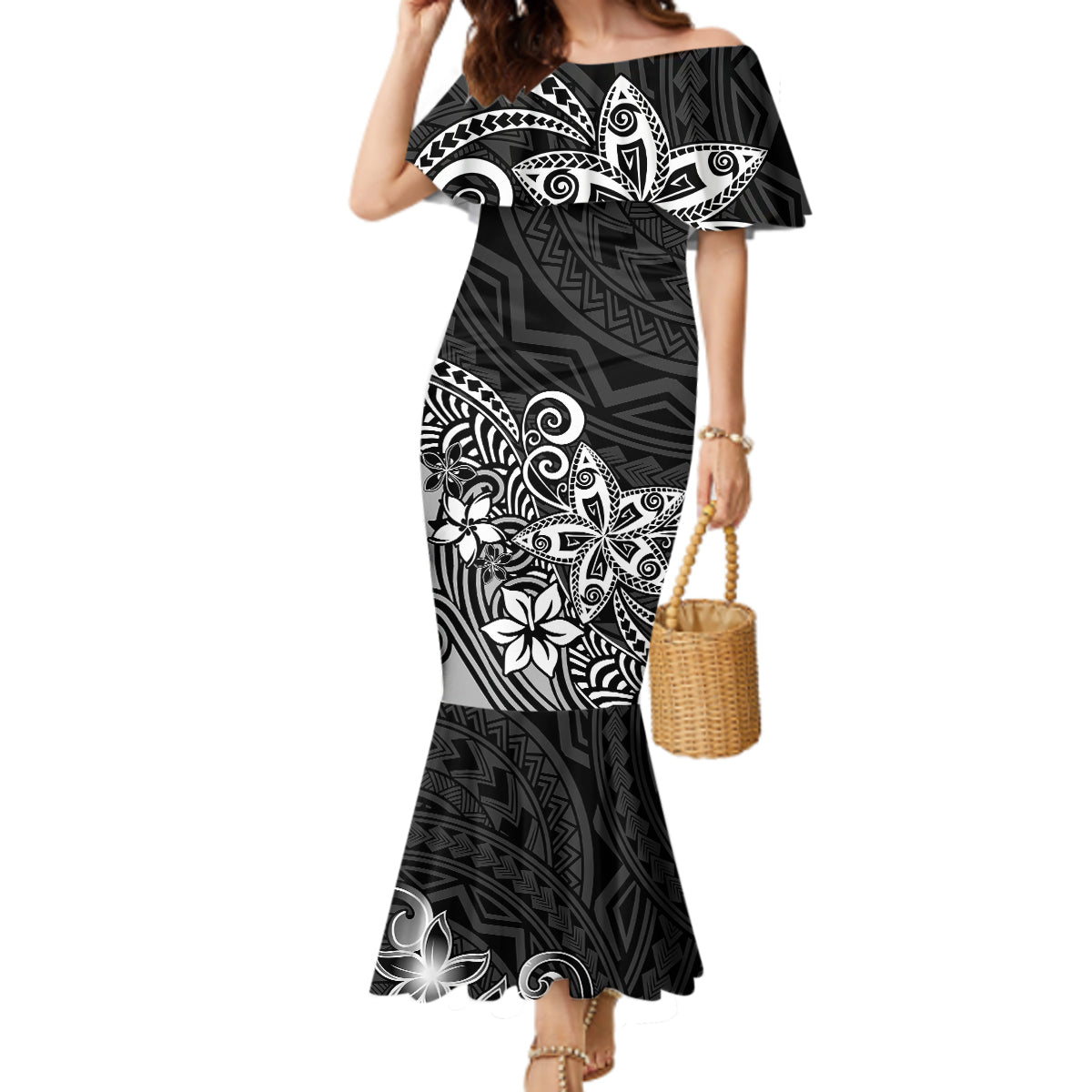 Polynesia Mermaid Dress Plumeria Black Curves LT7 Women Black - Polynesian Pride