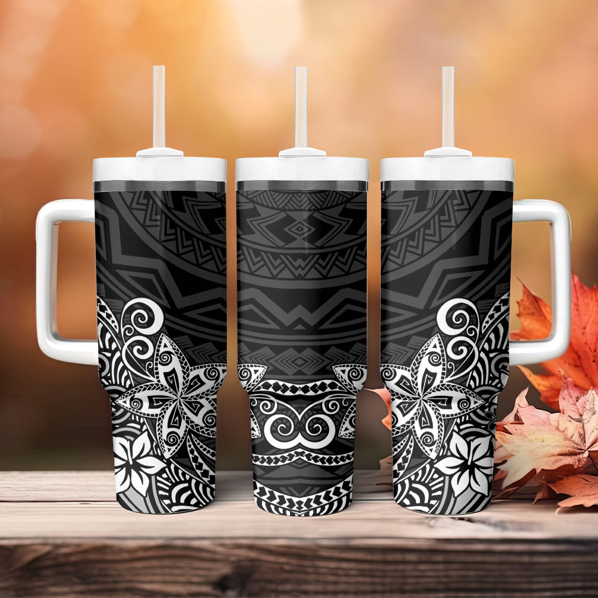 Hawaii Tumbler With Handle Plumeria Black Curves LT7 - Polynesian Pride