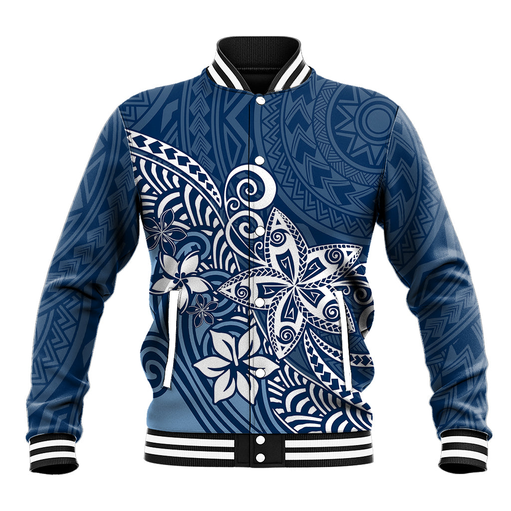 Polynesia Baseball Jacket Plumeria Blue Curves LT7 Unisex Blue - Polynesian Pride