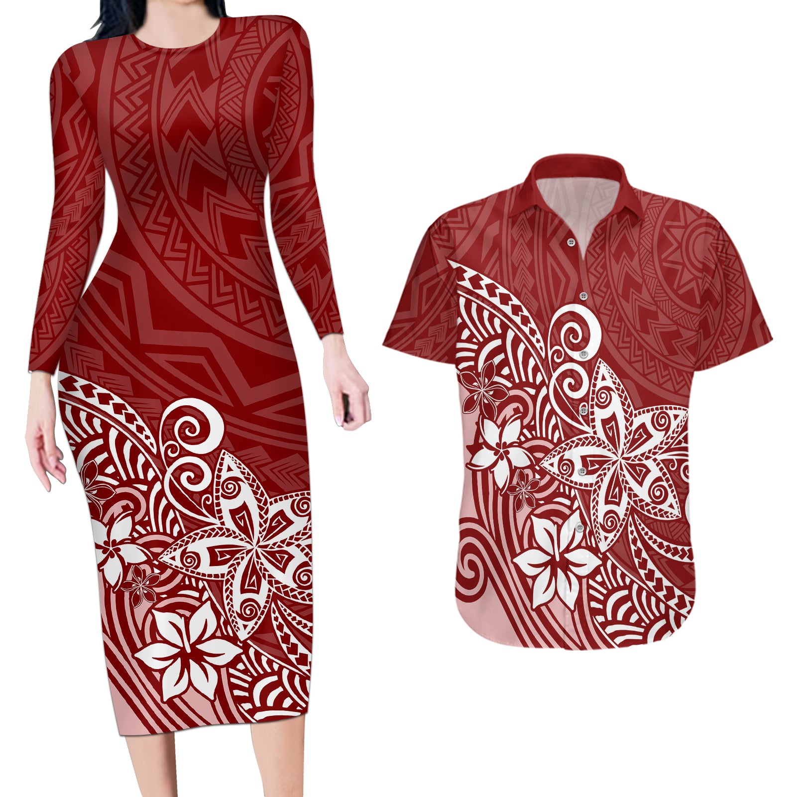 Polynesia Couples Matching Long Sleeve Bodycon Dress and Hawaiian Shirt Plumeria Red Curves LT7 Red - Polynesian Pride