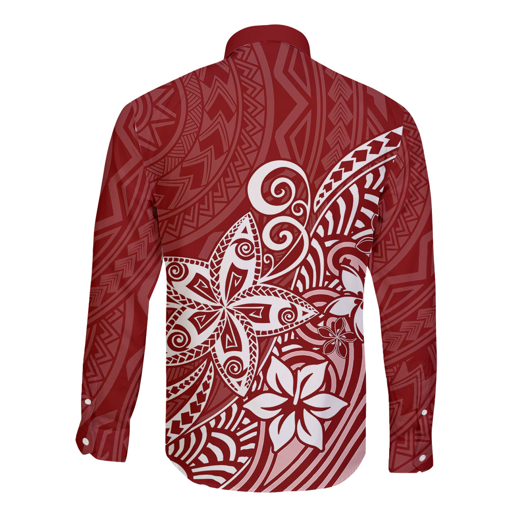 Polynesia Long Sleeve Button Shirt Plumeria Red Curves LT7 - Polynesian Pride