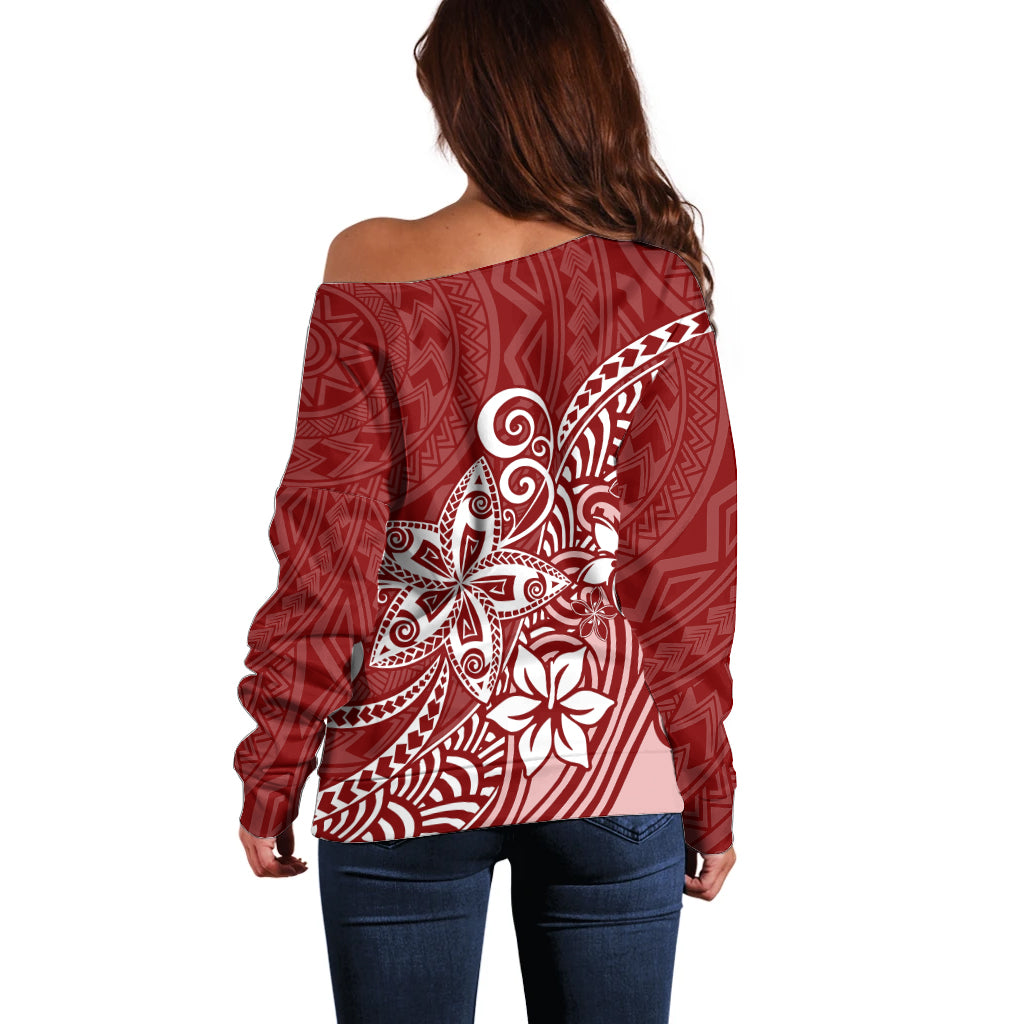 Polynesia Off Shoulder Sweater Plumeria Red Curves LT7 - Polynesian Pride