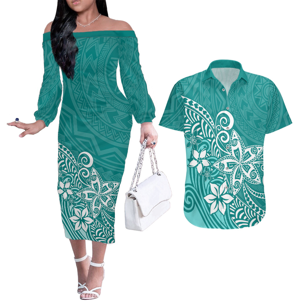 Polynesia Couples Matching Off The Shoulder Long Sleeve Dress and Hawaiian Shirt Plumeria Teal Curves LT7 Teal - Polynesian Pride