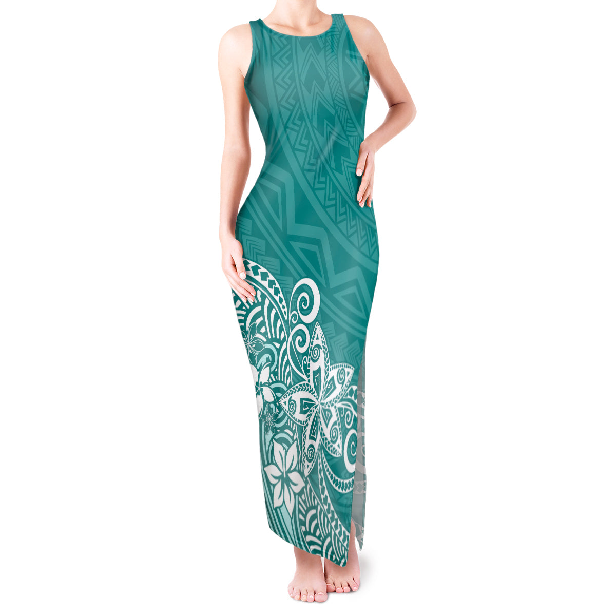 Polynesia Tank Maxi Dress Plumeria Teal Curves LT7 Women Teal - Polynesian Pride