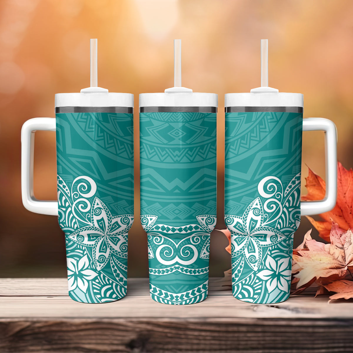 Hawaii Tumbler With Handle Plumeria Teal Curves LT7 - Polynesian Pride