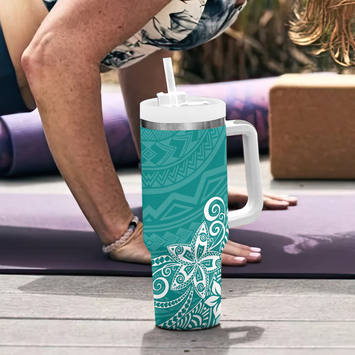 Hawaii Tumbler With Handle Plumeria Teal Curves LT7 - Polynesian Pride