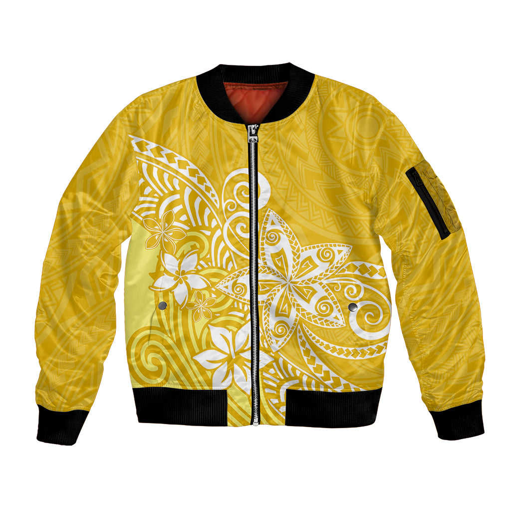 Polynesia Sleeve Zip Bomber Jacket Plumeria Yellow Curves LT7 Unisex Yellow - Polynesian Pride