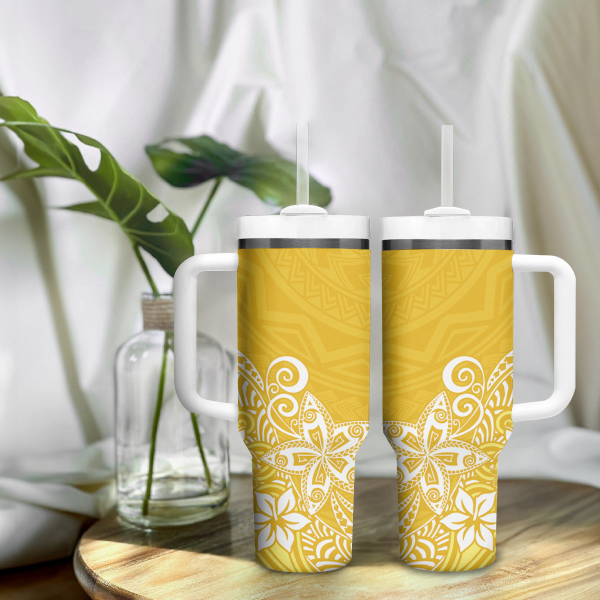 Hawaii Tumbler With Handle Plumeria Yellow Curves LT7 - Polynesian Pride