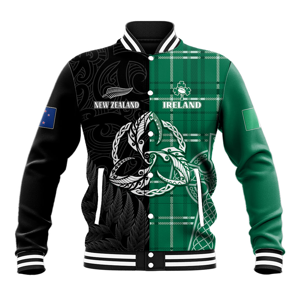 Personalised New Zealand Mix Ireland Rugby Baseball Jacket Celtic Knot Mix Silver Ferns LT7 Unisex Art - Polynesian Pride