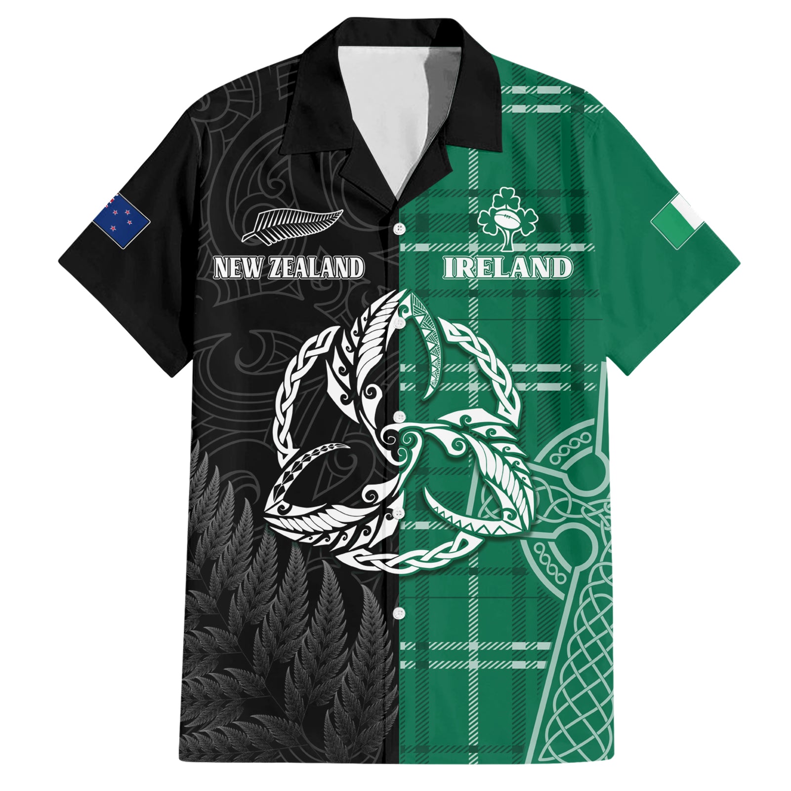 Personalised New Zealand Mix Ireland Rugby Hawaiian Shirt Celtic Knot Mix Silver Ferns LT7 Art - Polynesian Pride