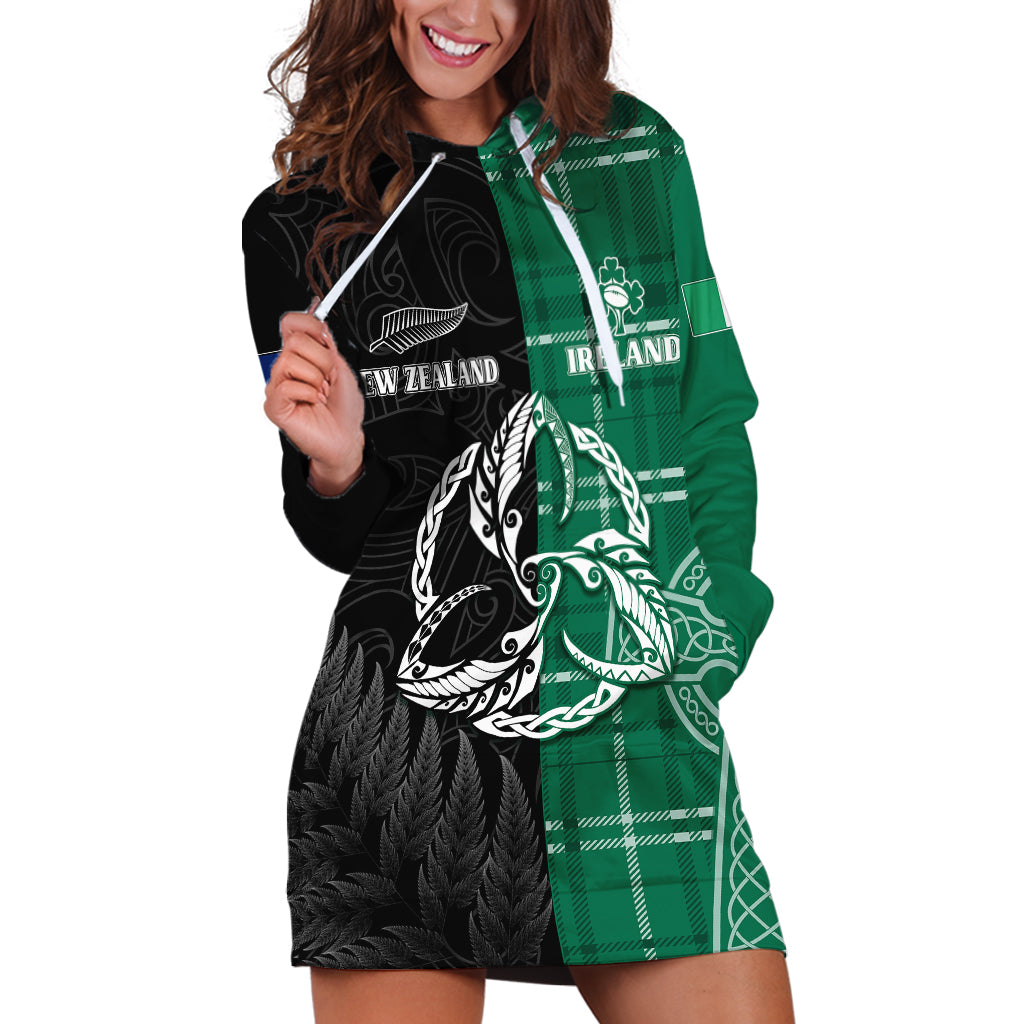 Personalised New Zealand Mix Ireland Rugby Hoodie Dress Celtic Knot Mix Silver Ferns LT7 Art - Polynesian Pride