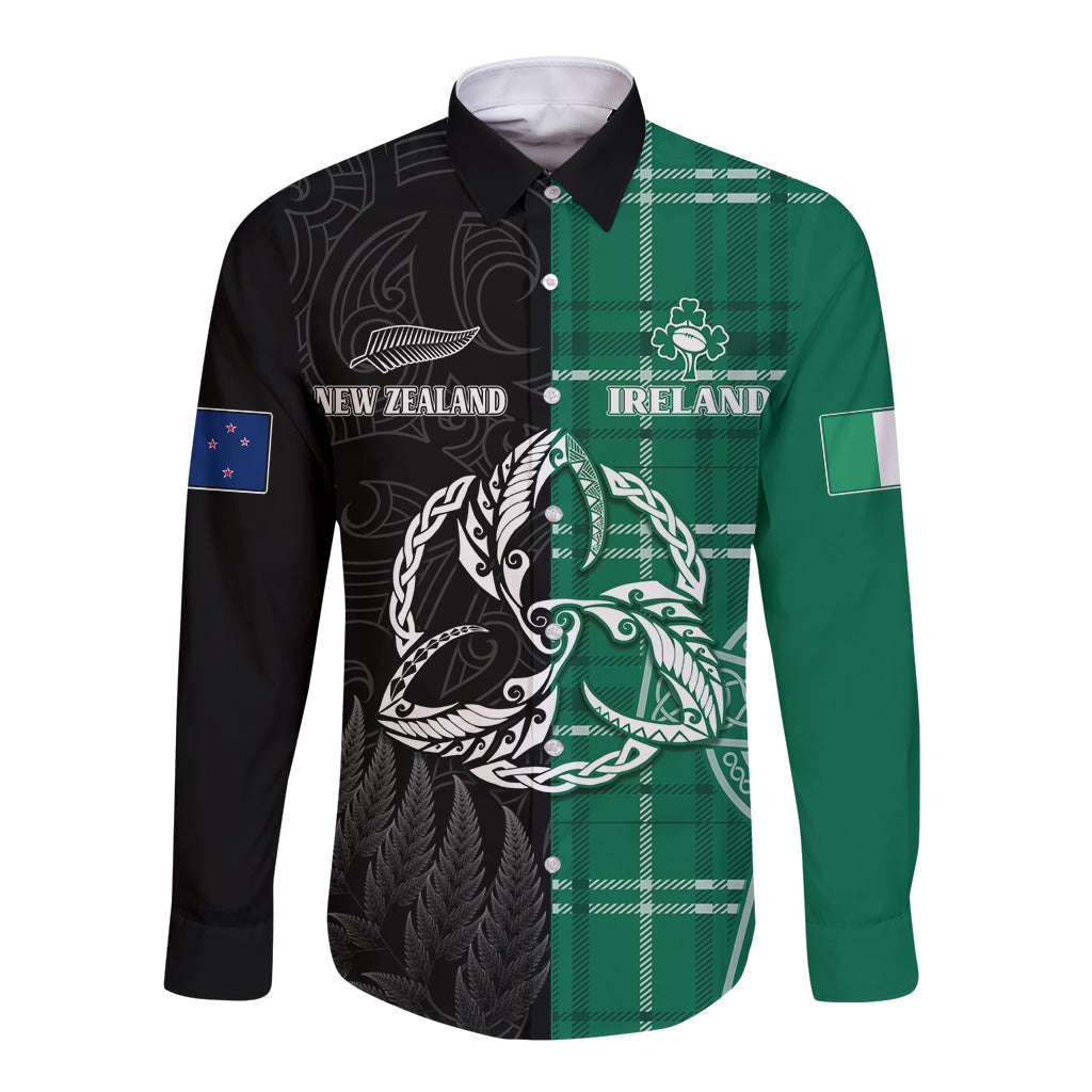 Personalised New Zealand Mix Ireland Rugby Long Sleeve Button Shirt Celtic Knot Mix Silver Ferns LT7 Unisex Art - Polynesian Pride