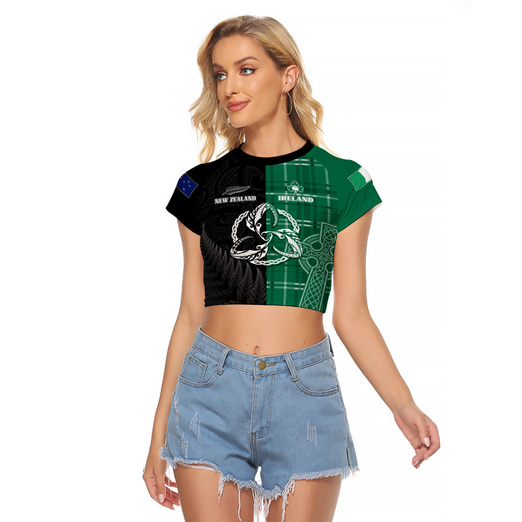 Personalised New Zealand Mix Ireland Rugby Raglan Cropped T Shirt Celtic Knot Mix Silver Ferns LT7 Female Art - Polynesian Pride