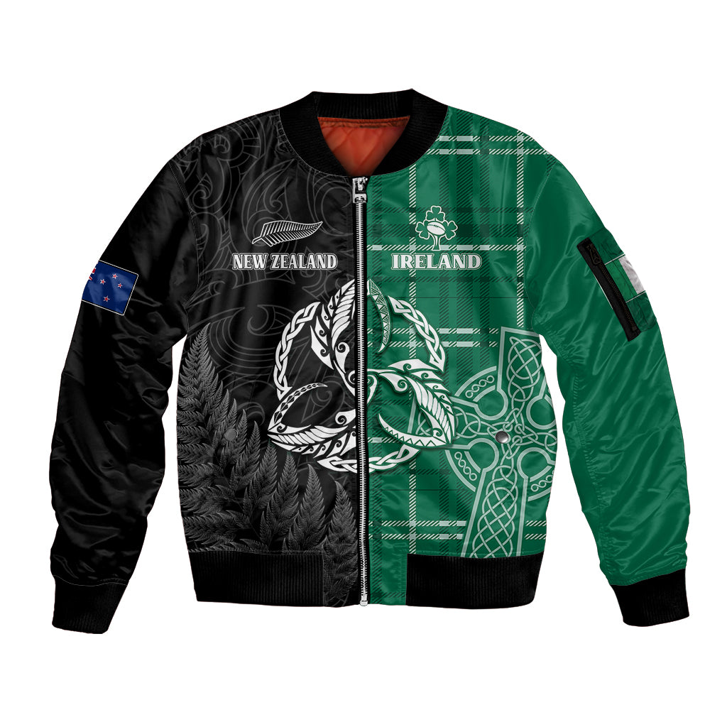 Personalised New Zealand Mix Ireland Rugby Sleeve Zip Bomber Jacket Celtic Knot Mix Silver Ferns LT7 Unisex Art - Polynesian Pride