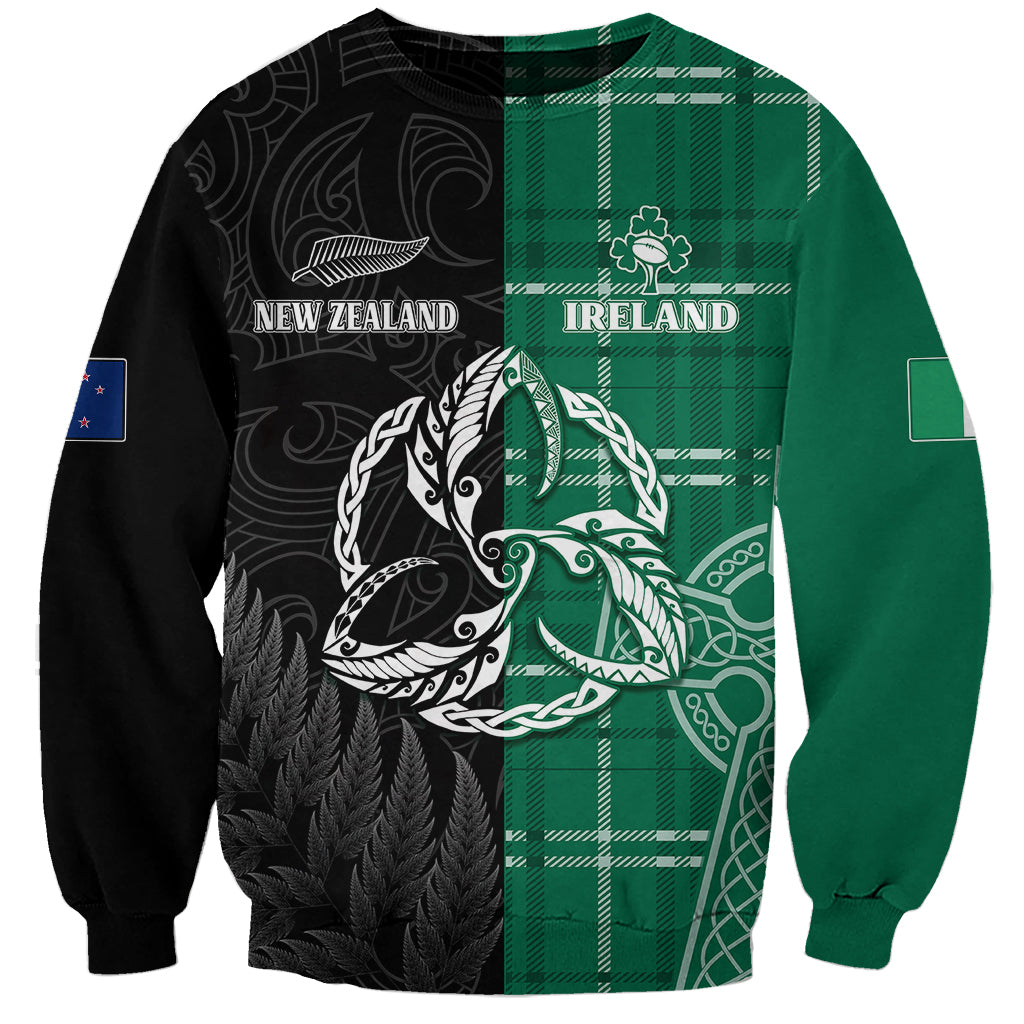 Personalised New Zealand Mix Ireland Rugby Sweatshirt Celtic Knot Mix Silver Ferns LT7 Unisex Art - Polynesian Pride