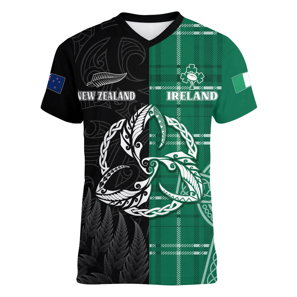 Personalised New Zealand Mix Ireland Rugby Women V Neck T Shirt Celtic Knot Mix Silver Ferns LT7 Female Art - Polynesian Pride