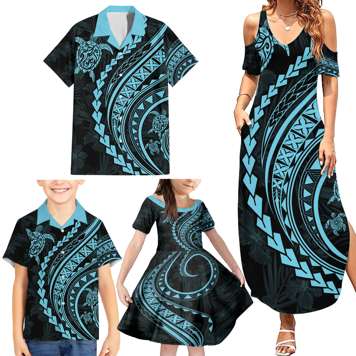 Hawaii Family Matching Outfits Polynesian Pride Summer Maxi Dress And Shirt Family Set Clothes Turtle Hibiscus Luxury Style - Aquamarine LT7