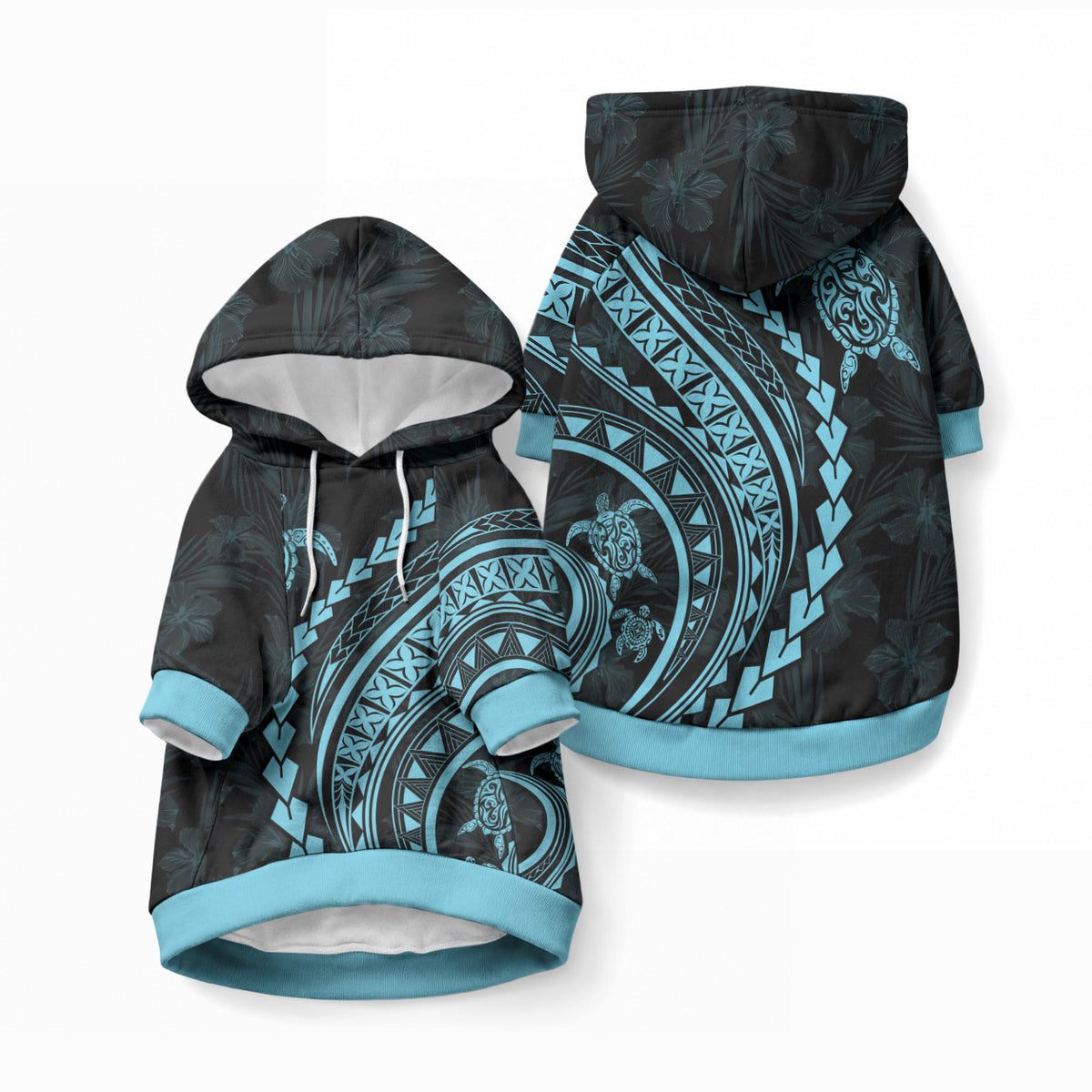 Polynesian Pride Pet Hoodie Turtle Hibiscus Luxury Style - Aquamarine