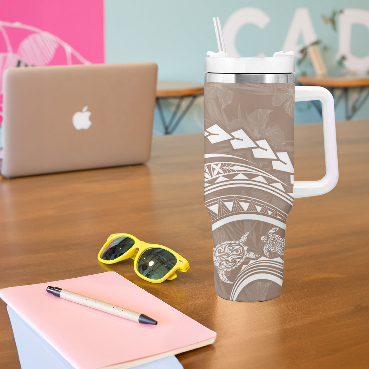 Polynesian Pride Tumbler With Handle Turtle Hibiscus Luxury Style - Beige LT7 - Polynesian Pride