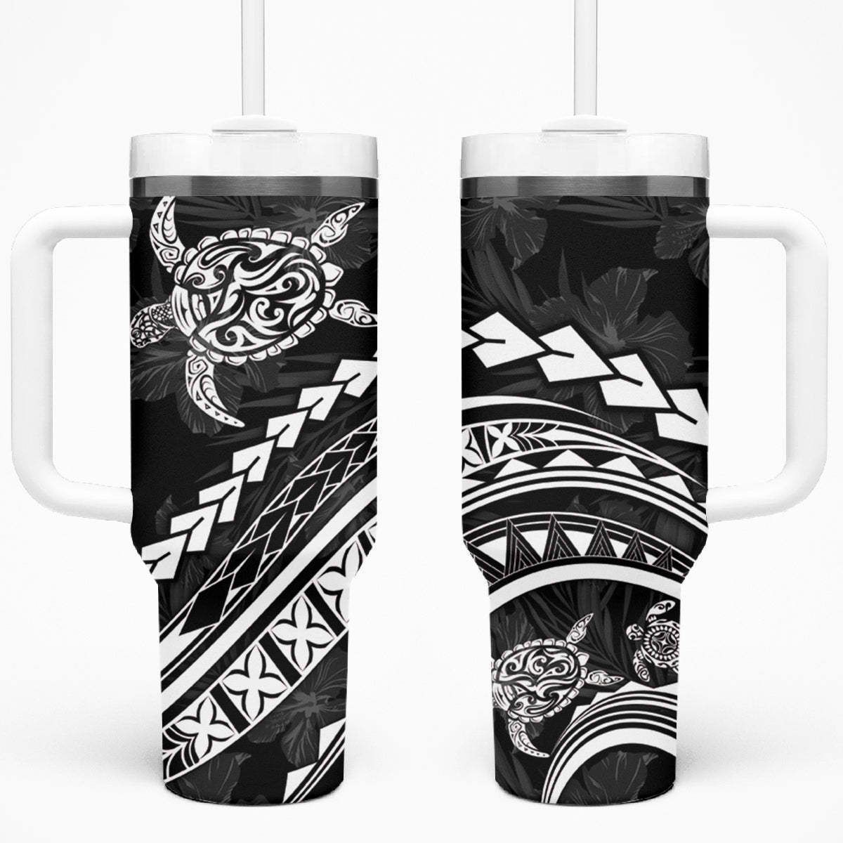 Polynesian Pride Tumbler With Handle Turtle Hibiscus Luxury Style - Black LT7 One Size: 40 oz Black - Polynesian Pride