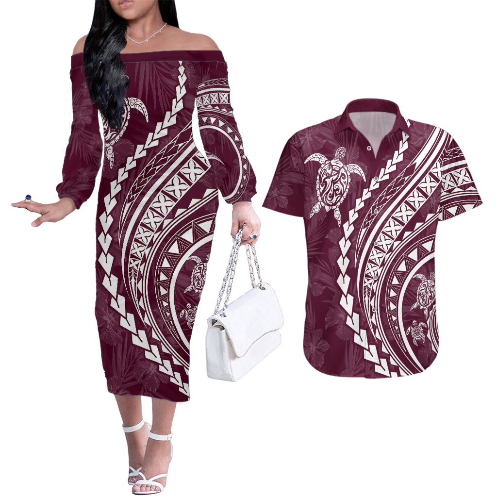 Polynesian Pride Couples Matching Off The Shoulder Long Sleeve Dress and Hawaiian Shirt Turtle Hibiscus Luxury Style - Champagne LT7 Champagne - Polynesian Pride