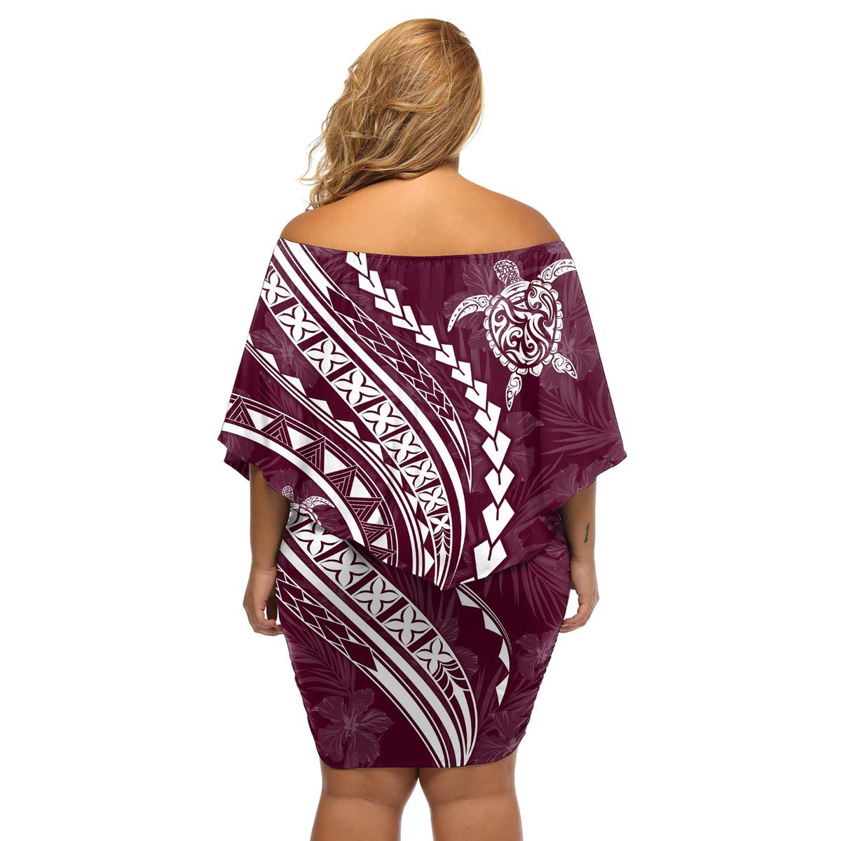 Polynesian Pride Off Shoulder Short Dress Turtle Hibiscus Luxury Style - Champagne LT7 - Polynesian Pride