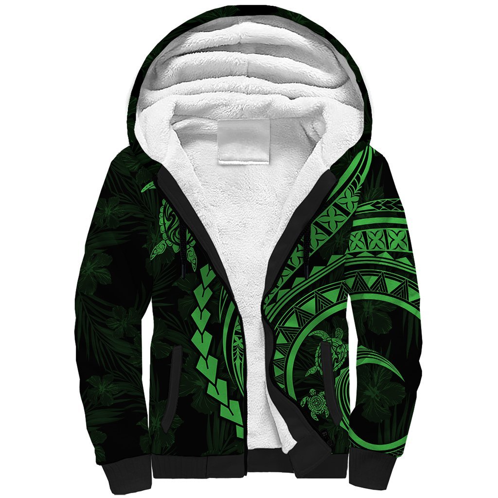 Polynesian Pride Sherpa Hoodie Turtle Hibiscus Luxury Style - Green LT7 Unisex Green - Polynesian Pride