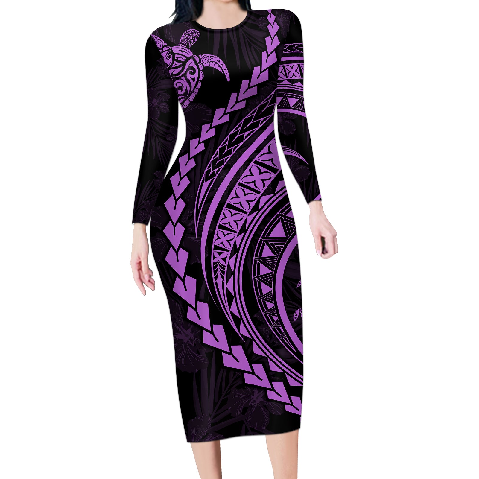 Polynesian Pride Long Sleeve Bodycon Dress Turtle Hibiscus Luxury Style - Lilac LT7 Long Dress Lilac - Polynesian Pride