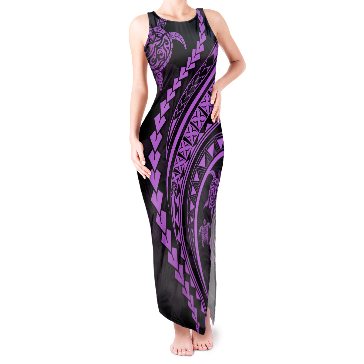 Polynesian Pride Tank Maxi Dress Turtle Hibiscus Luxury Style - Lilac LT7 Women Lilac - Polynesian Pride