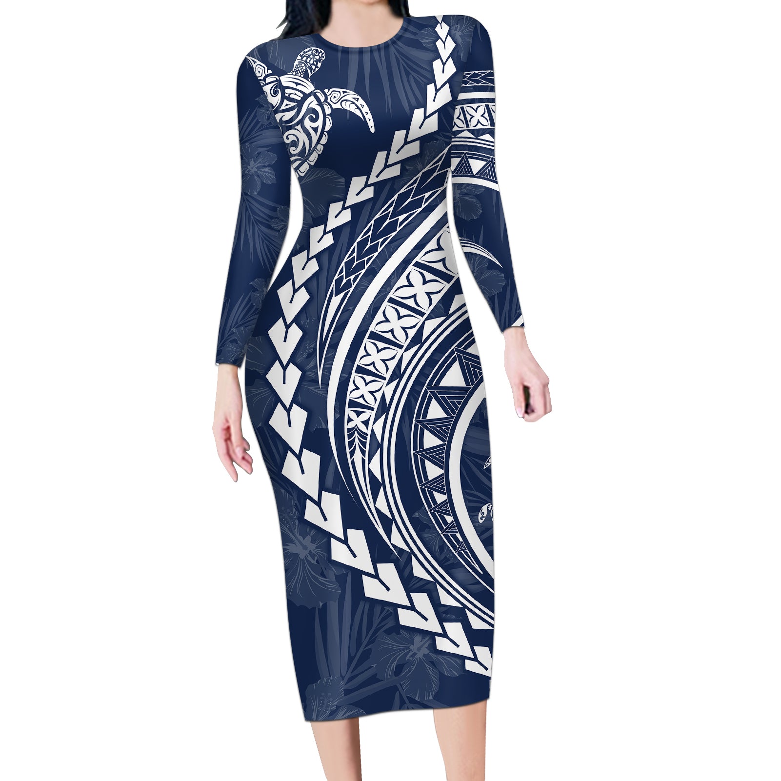 Polynesian Pride Long Sleeve Bodycon Dress Turtle Hibiscus Luxury Style - Navy LT7 Long Dress Navy - Polynesian Pride