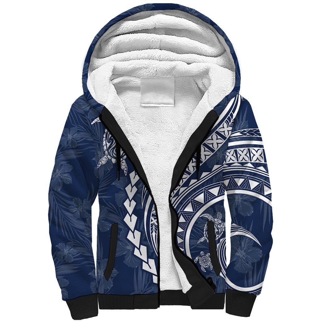 Polynesian Pride Sherpa Hoodie Turtle Hibiscus Luxury Style - Navy LT7 Unisex Navy - Polynesian Pride