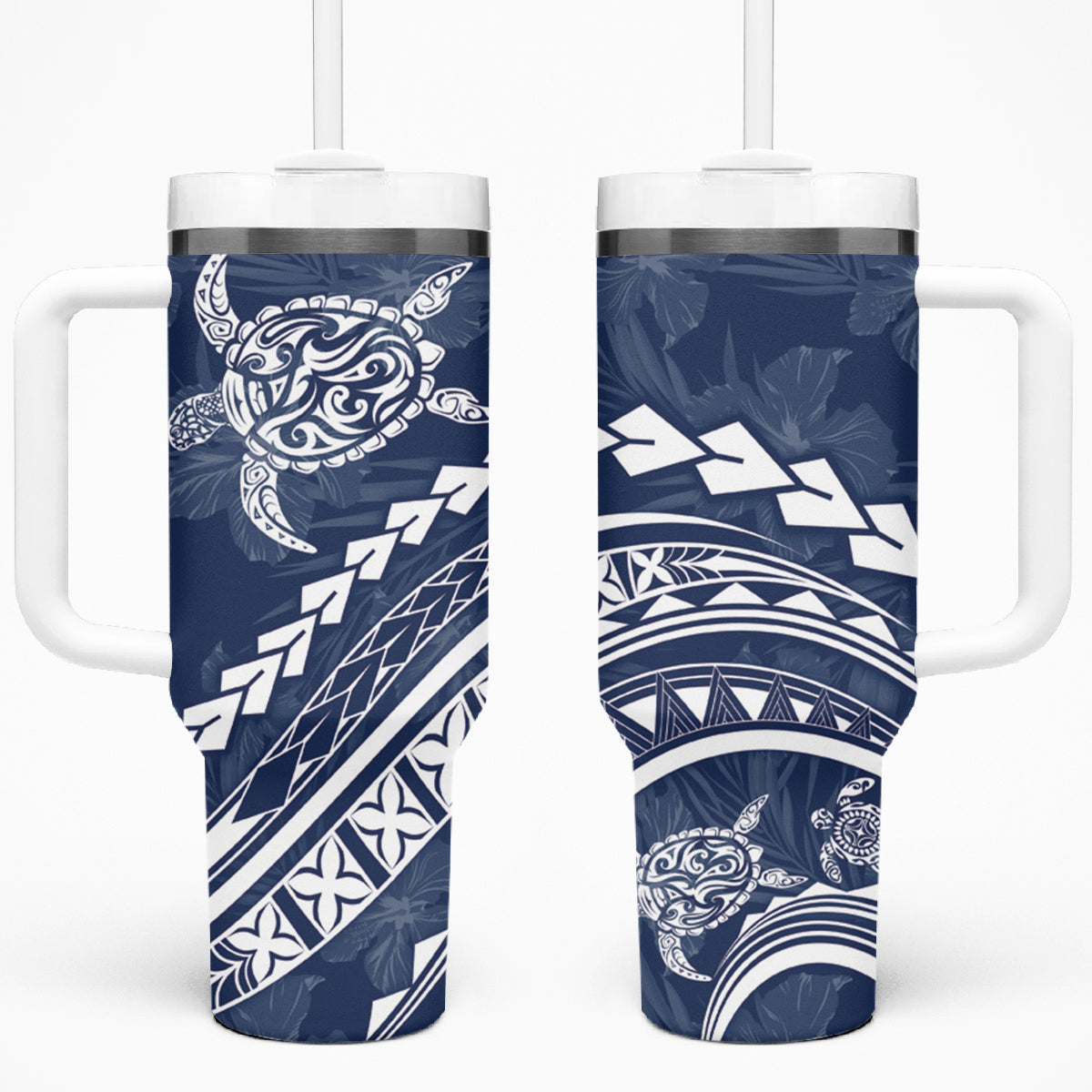Polynesian Pride Tumbler With Handle Turtle Hibiscus Luxury Style - Navy LT7 One Size: 40 oz Navy - Polynesian Pride