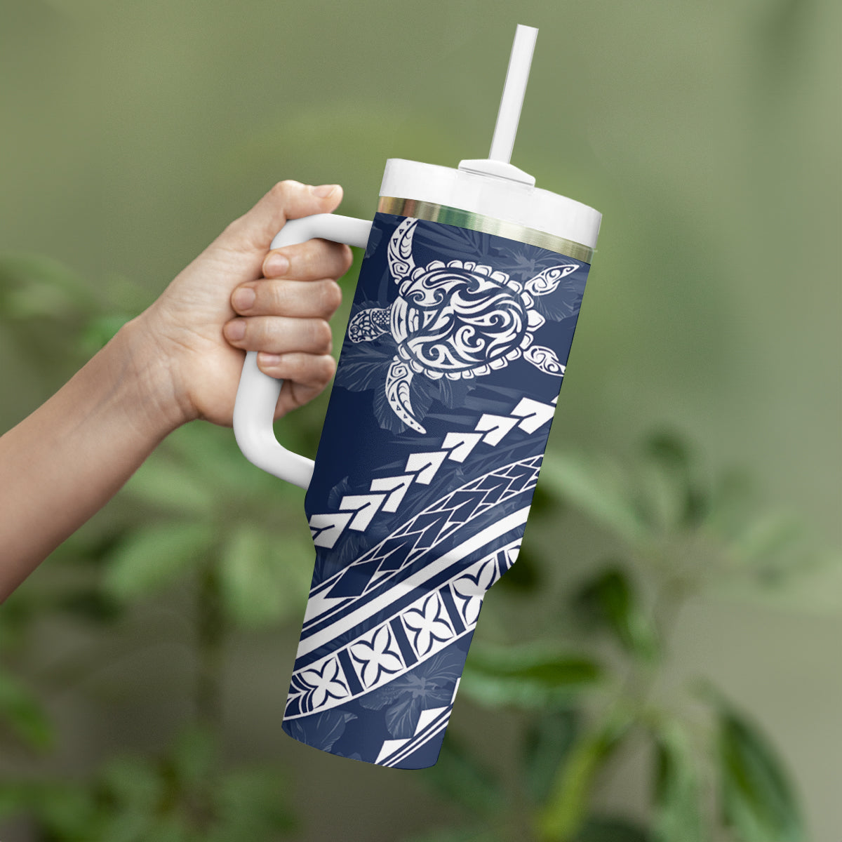 Polynesian Pride Tumbler With Handle Turtle Hibiscus Luxury Style - Navy LT7 - Polynesian Pride