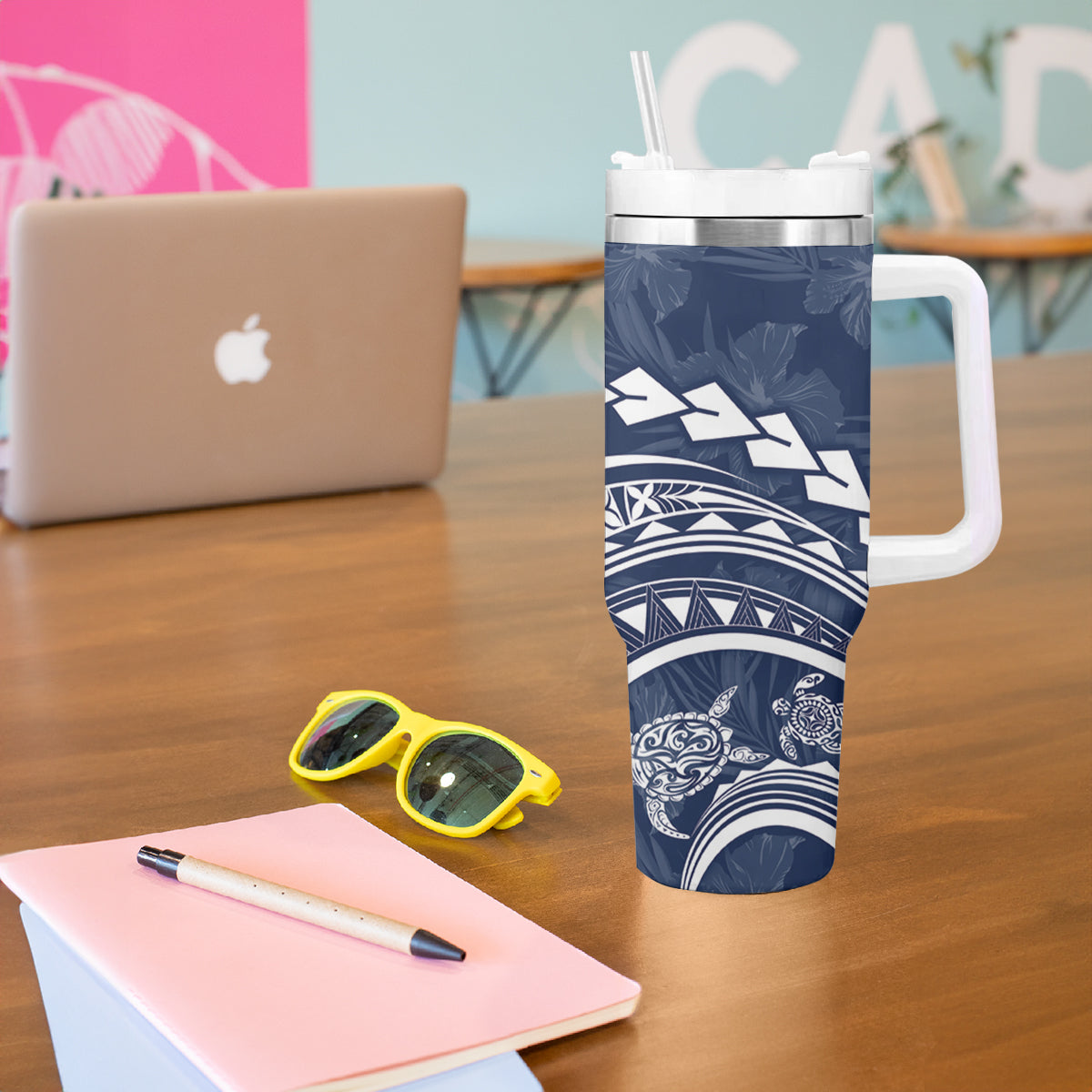 Polynesian Pride Tumbler With Handle Turtle Hibiscus Luxury Style - Navy LT7 - Polynesian Pride