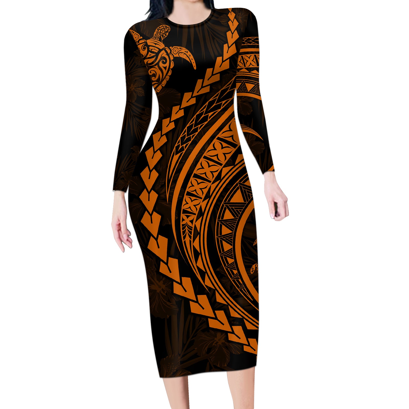 Polynesian Pride Long Sleeve Bodycon Dress Turtle Hibiscus Luxury Style - Orange LT7 Long Dress Orange - Polynesian Pride