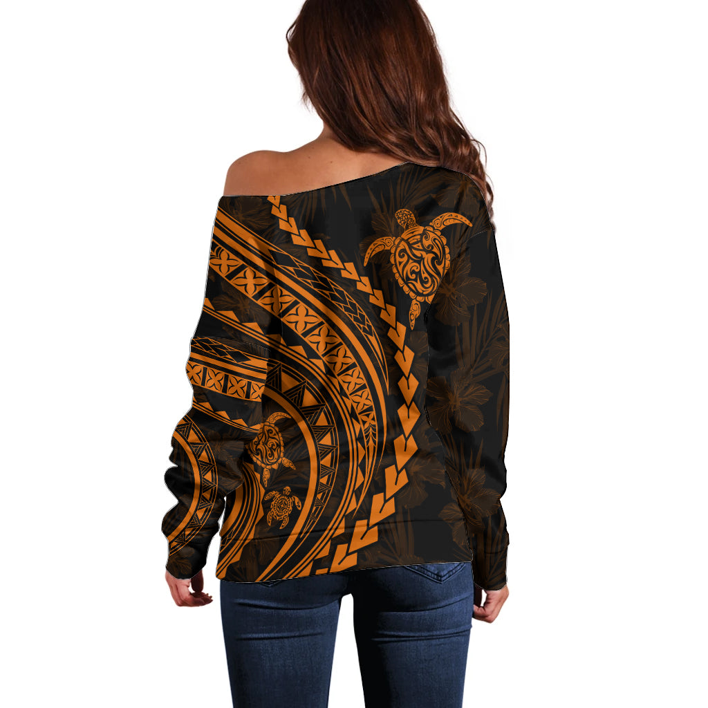 Polynesian Pride Off Shoulder Sweater Turtle Hibiscus Luxury Style - Orange LT7 - Polynesian Pride