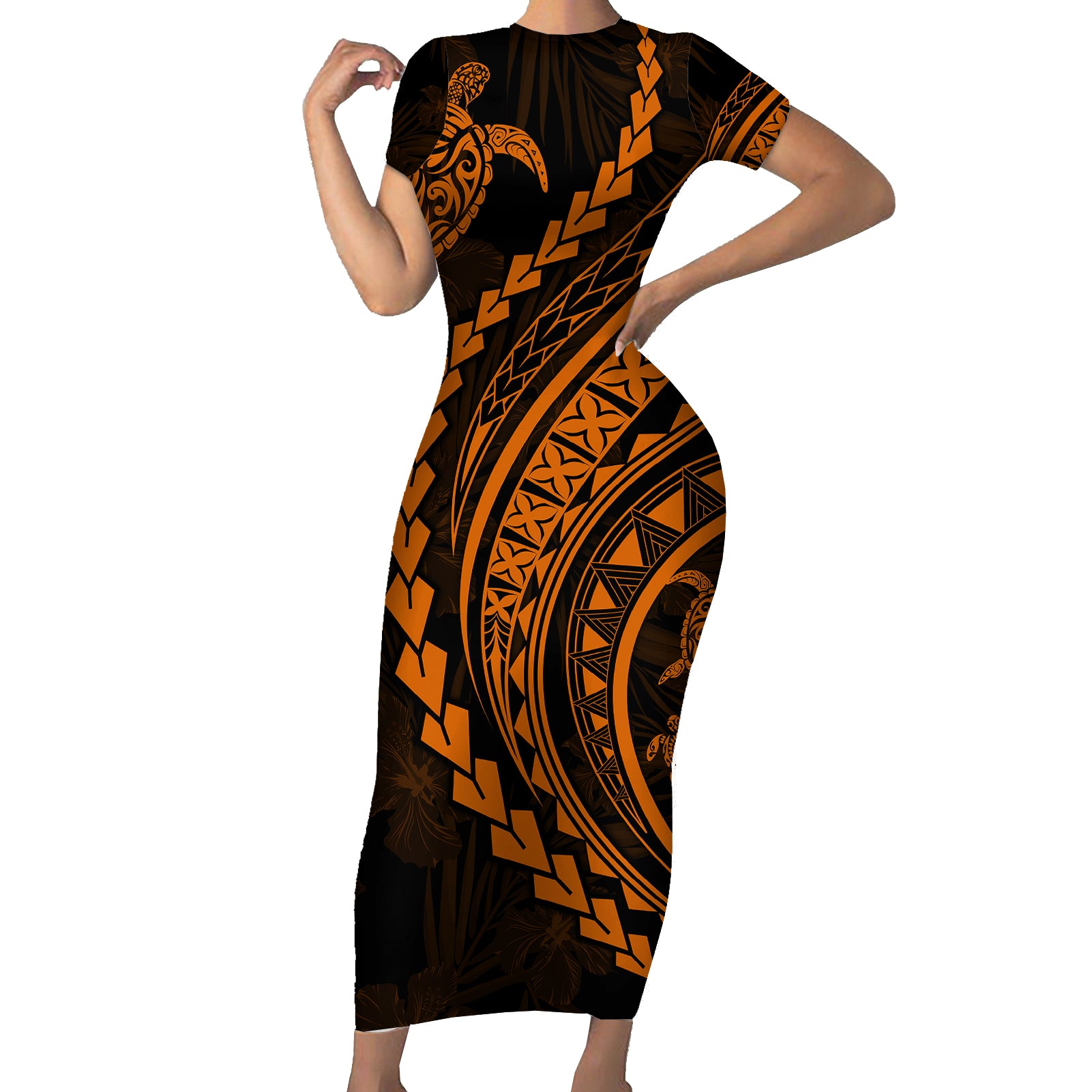 Polynesian Pride Short Sleeve Bodycon Dress Turtle Hibiscus Luxury Style - Orange LT7 Long Dress Orange - Polynesian Pride