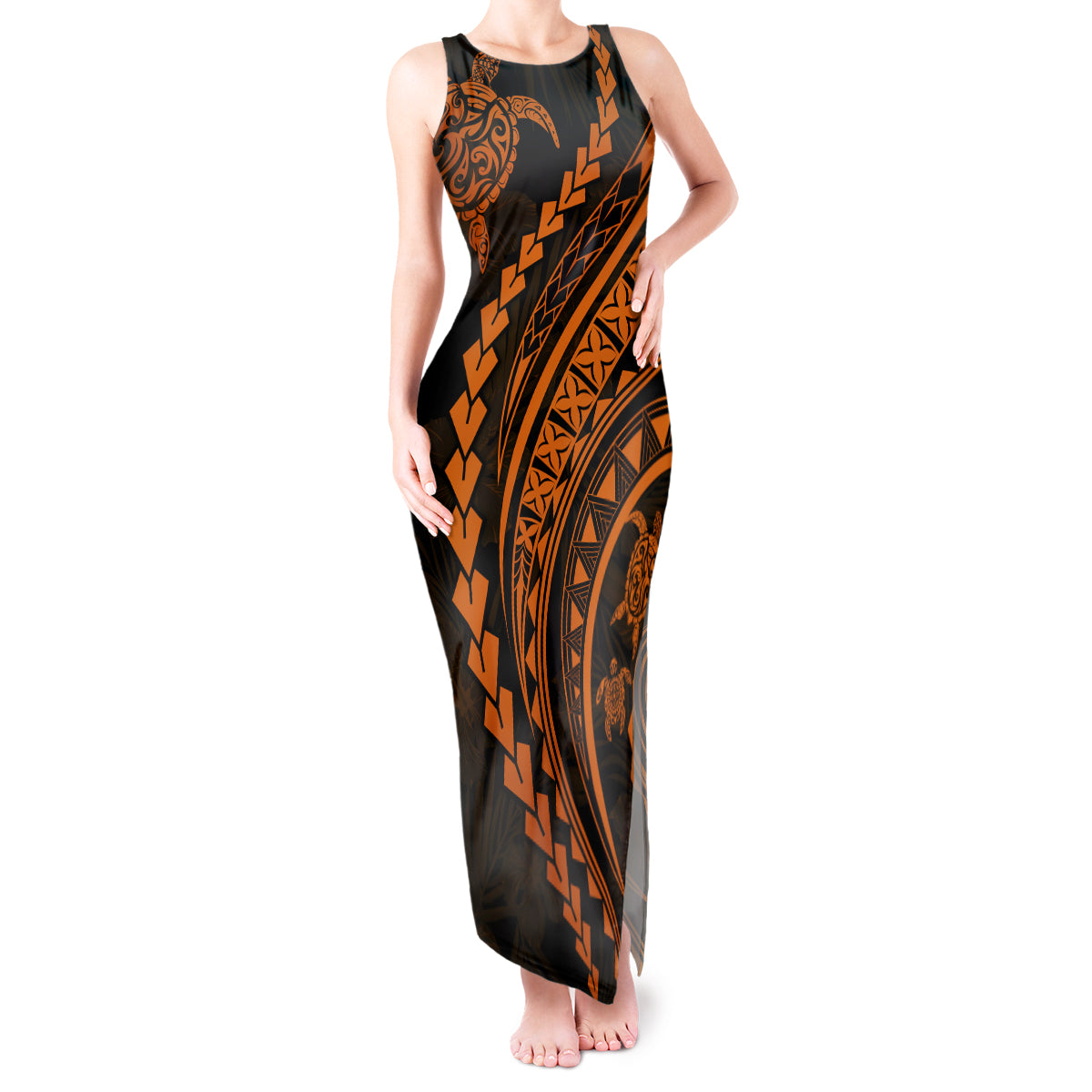 Polynesian Pride Tank Maxi Dress Turtle Hibiscus Luxury Style - Orange LT7 Women Orange - Polynesian Pride