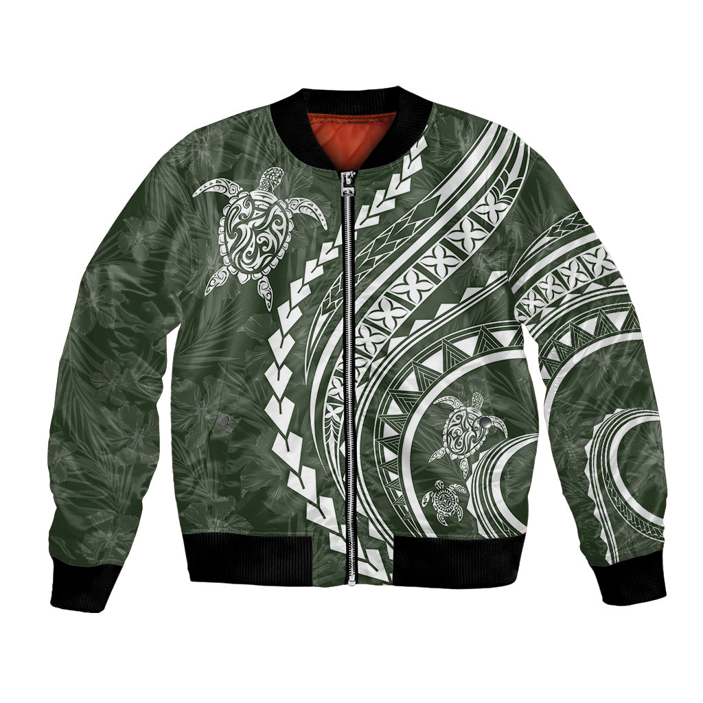 Polynesian Pride Bomber Jacket Turtle Hibiscus Luxury Style - Sage LT7 Unisex Sage - Polynesian Pride