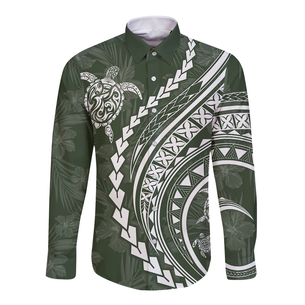 Polynesian Pride Long Sleeve Button Shirt Turtle Hibiscus Luxury Style - Sage LT7 Unisex Sage - Polynesian Pride
